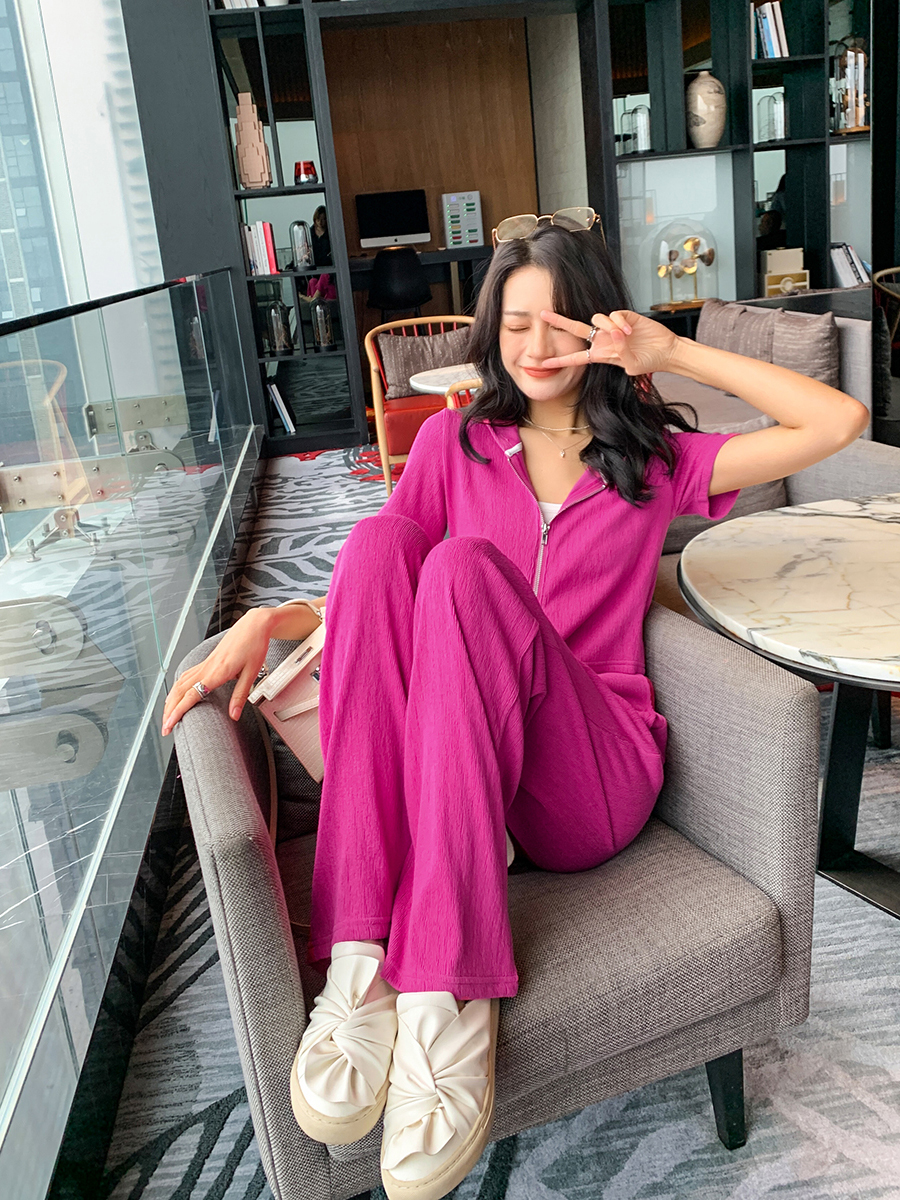 韩系运动套装女时尚洋气新款秋装连帽短袖上衣阔腿裤两件套