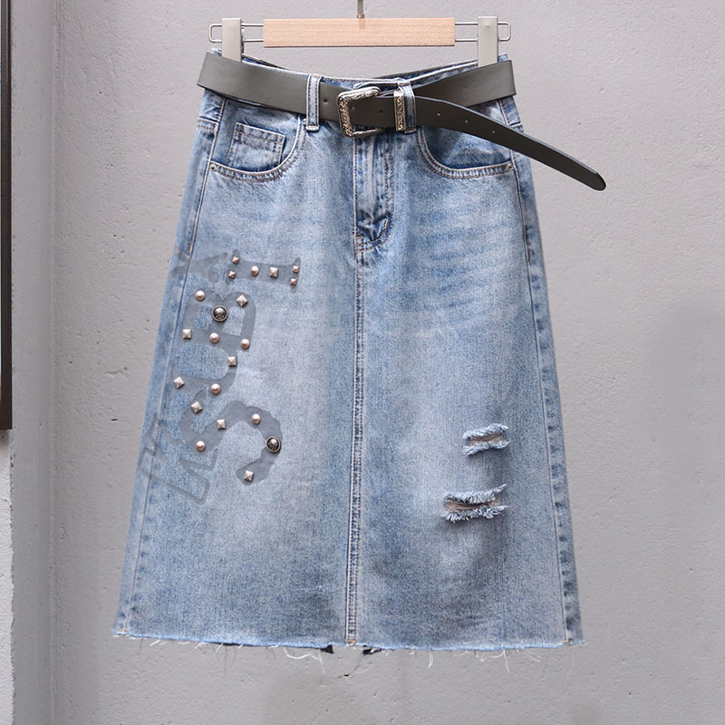 欧货复古风牛仔裙印花破洞半身裙流苏百搭显瘦休闲裙薄款时尚中裙