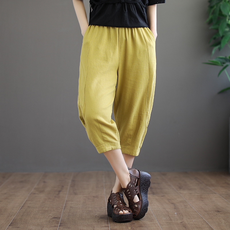 夏季新款纯色大码棉麻七分休闲裤女宽松收裤脚显瘦哈伦裤女