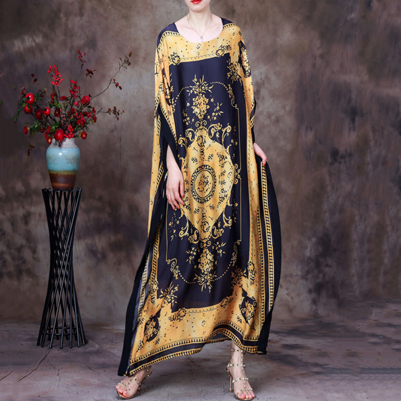 大码复古天丝印花连衣裙夏季新款女装蝙蝠袖宽松大版民族风长裙