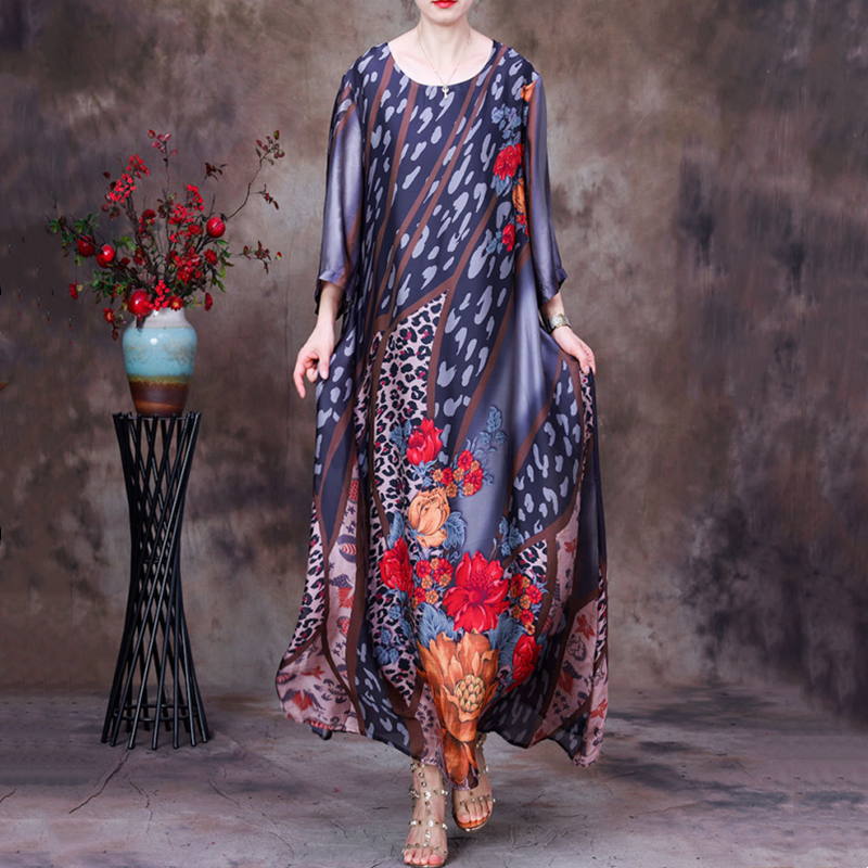 印花连衣裙不规则宽松长款阔太太气质长裙