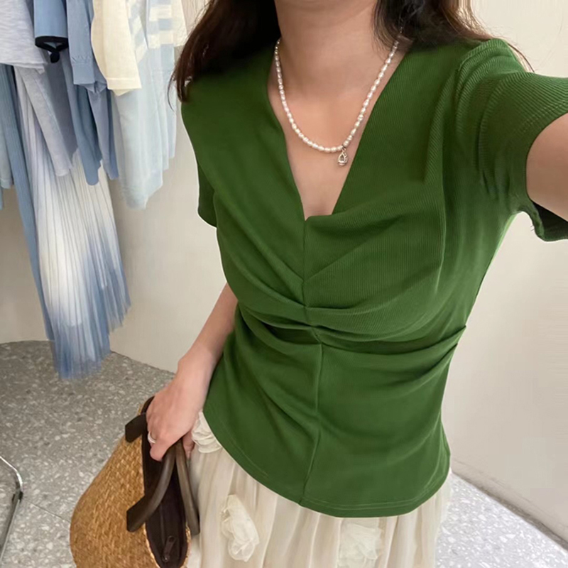 夏季新款v领褶皱纯棉短袖女T恤设计感小众收腰显瘦上衣