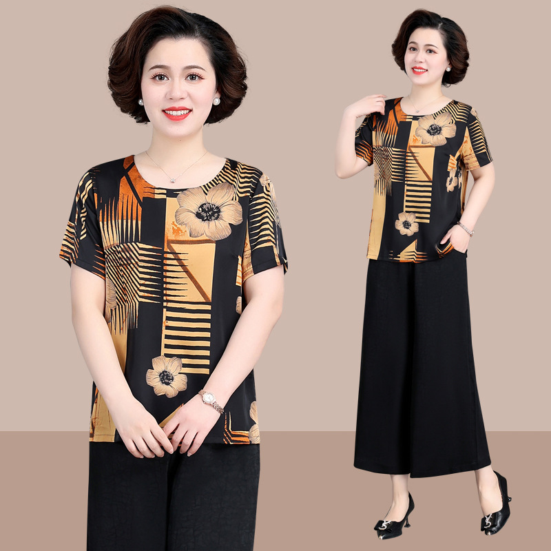 短袖碎花恤女夏季妈妈装薄款仿真丝小衫