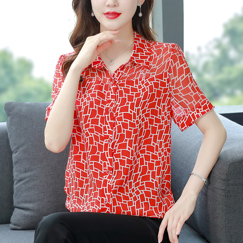 衬衫女短袖夏季薄款气质小衫宽松时髦显瘦中年妈妈雪纺上衣