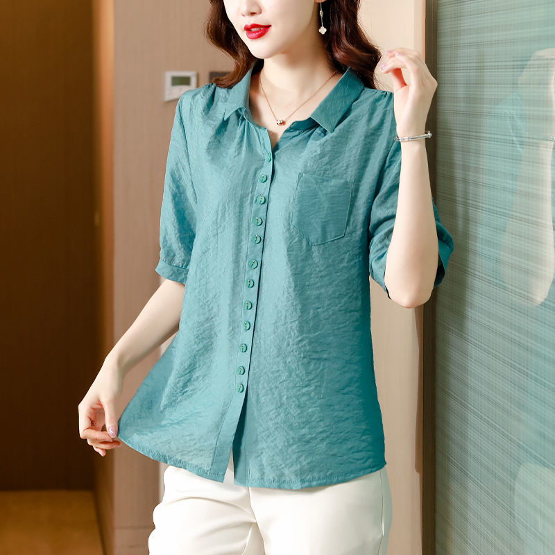 中老年女装夏装棉麻短袖衬衫50岁妈妈宽松纯色上衣女时尚亚麻