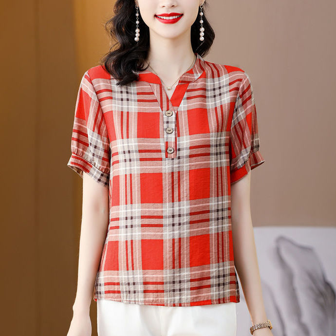 夏季新款短袖宽松大码遮肚子亚麻妈妈装上衣潮