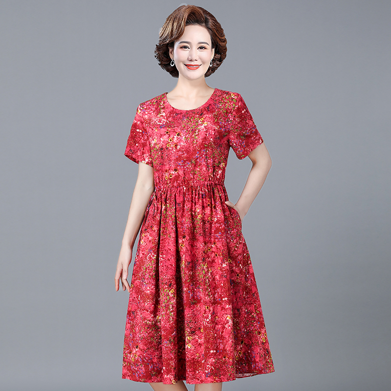 碎花短袖连衣裙中老年人妇女中长款宽松收腰显瘦裙子