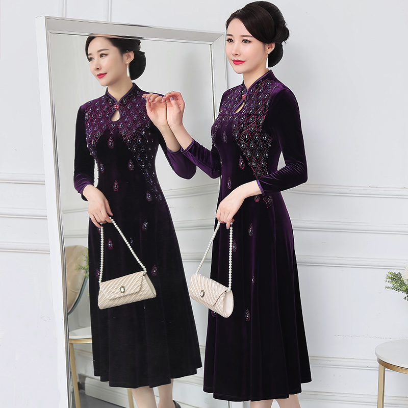 秋装新款女装改良旗袍连衣裙女妈妈装高贵长款丝绒礼服