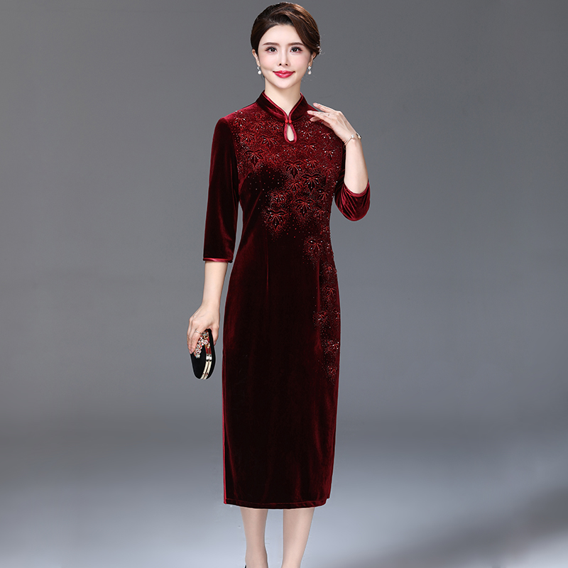 喜婆婆婚宴装秋冬季高贵洋气旗袍连衣裙小个子丈母娘婚礼妈妈礼服
