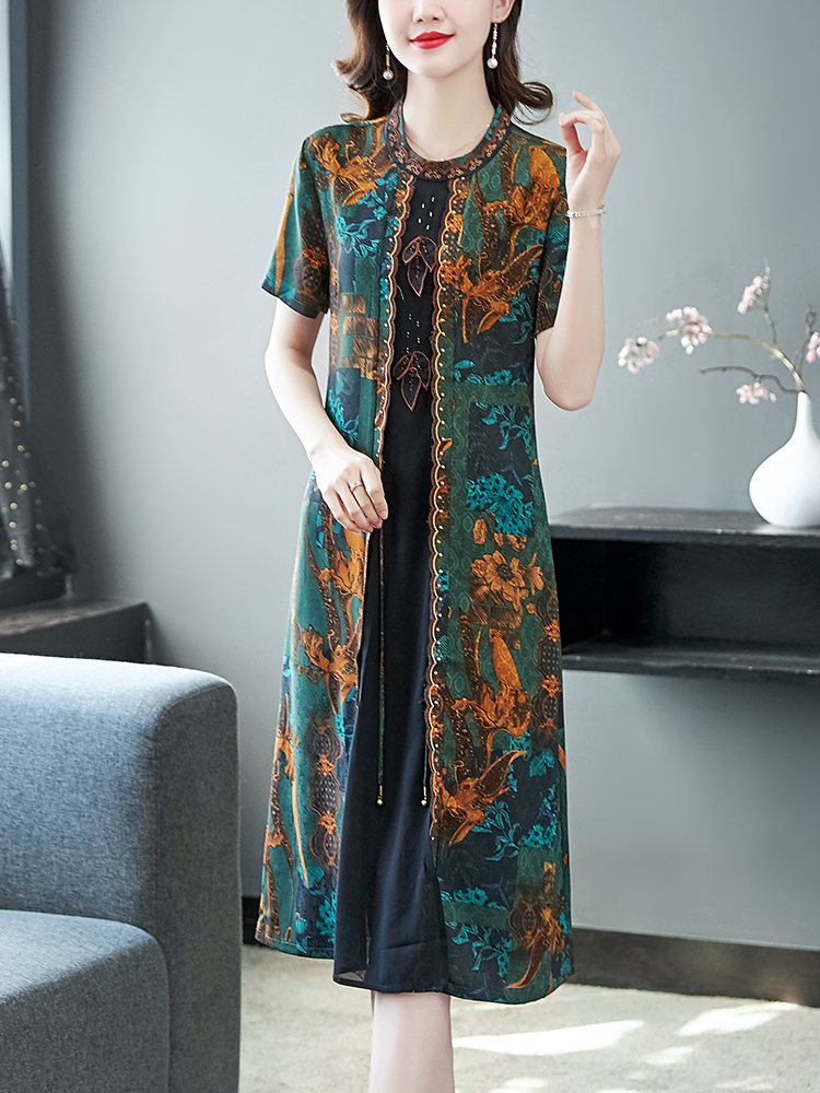 新款高端面料旗袍改良版连衣裙复古印花