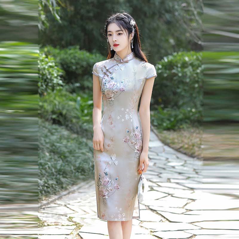 中国风清新气质旗袍夏装新款修身印花连衣裙子日常旗袍年轻款