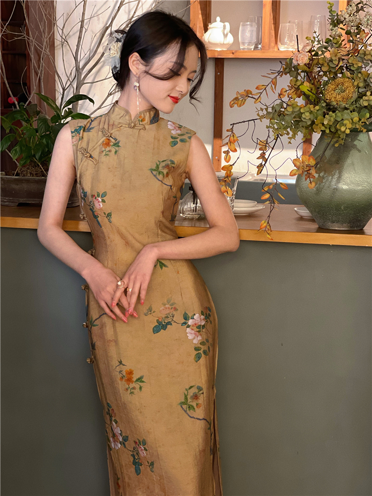 旧画卷改良旗袍连衣裙年轻款 古风修身中长款中国风古典裙