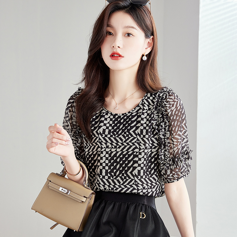 碎花雪纺衫女短袖夏季新款时尚别致漂亮小衫宽松显瘦洋气上衣