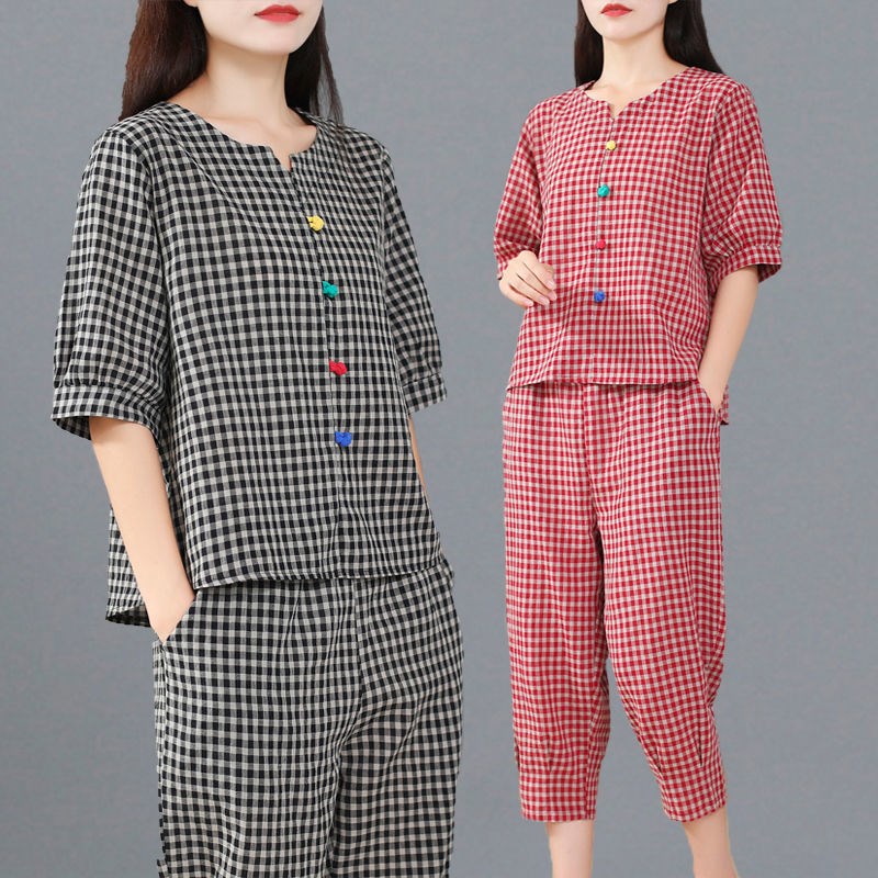时尚棉麻套装夏季短袖格子上衣宽松休闲七分裤亚麻两件套女小个子