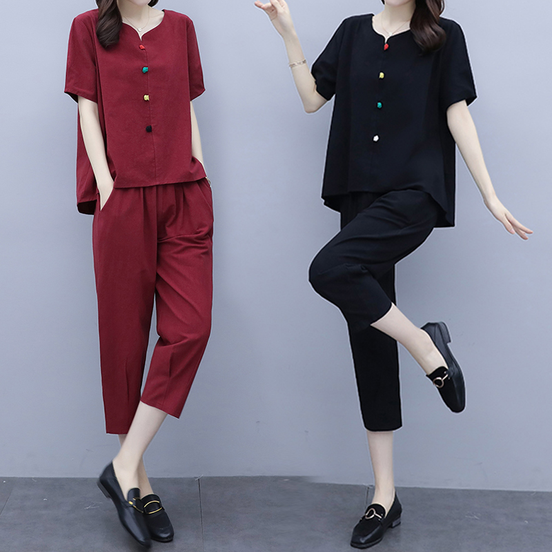 新款高腰宽松时尚休闲棉麻七分裤两件套