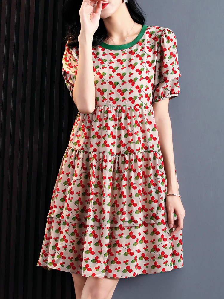 夏季新款淑女小个子圆领短袖碎花连衣裙