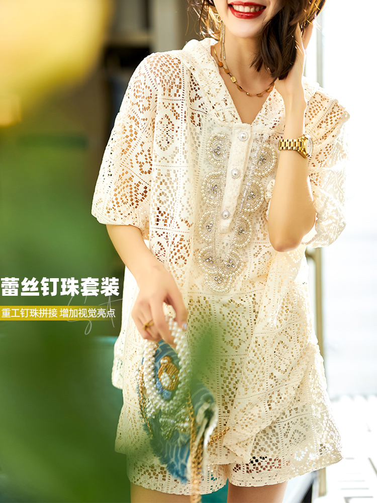 蕾丝钉珠休闲套装女欧洲站新款上衣裤子两件套时尚女装夏