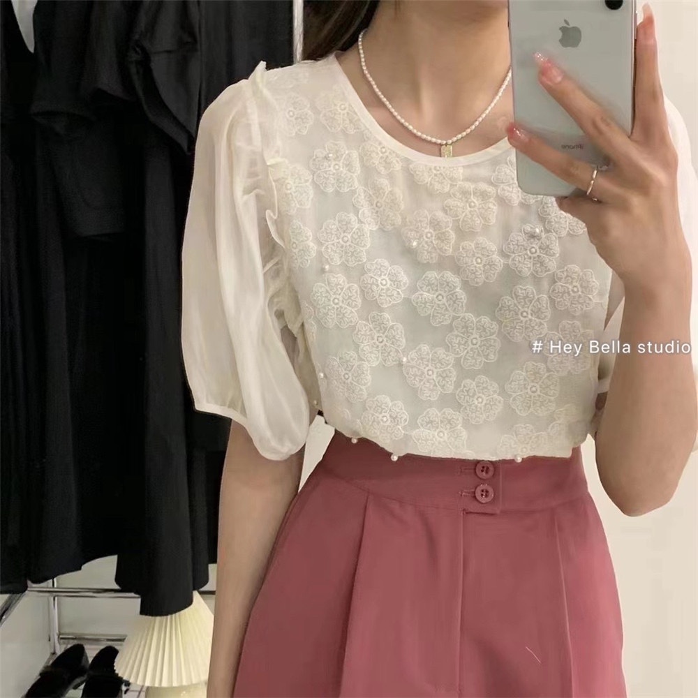法式复古珍珠圆领刺绣时尚韩系小众百搭泡泡袖显瘦女神超仙短袖T