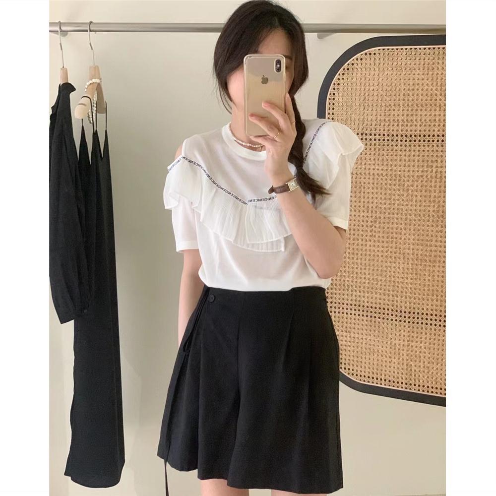 夏新款冰丝短袖针织衫女时尚字母蕾丝拼接漏肩设计感上衣