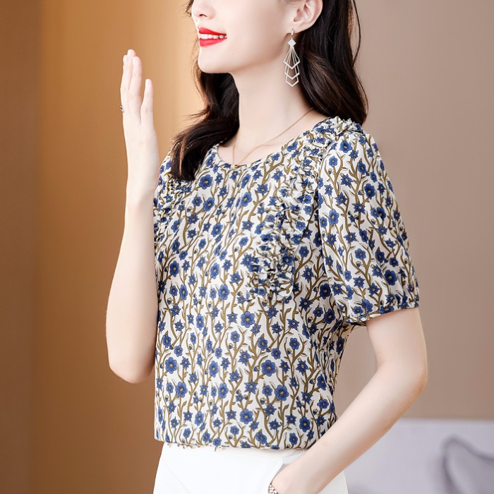 洋气小衫时髦短袖雪纺衫女夏季新款中年妈妈碎花减龄遮