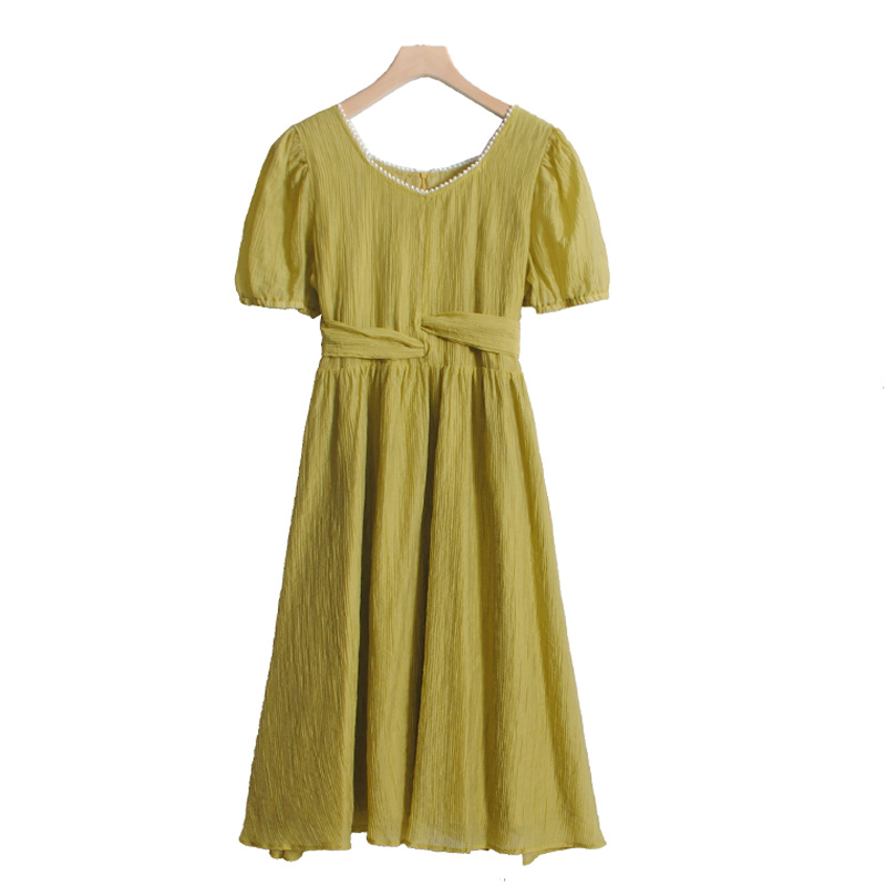 钉珠领轻薄气质长裙女松紧泡泡袖修身连衣裙夏季穿插系带款