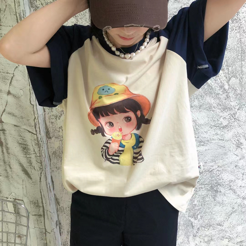 卡通萌宝小女孩印花拼色插肩袖夏季韩版宽松显瘦圆领纯棉T恤