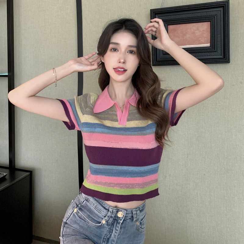 夏季新款polo领短款上衣彩虹短袖别致条纹针织正肩t恤女