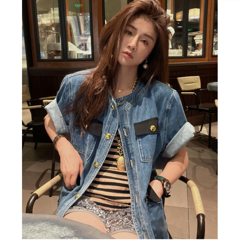 欧货蓝色牛仔外套女小众设计夏季新款宽松休闲薄款短袖上衣潮