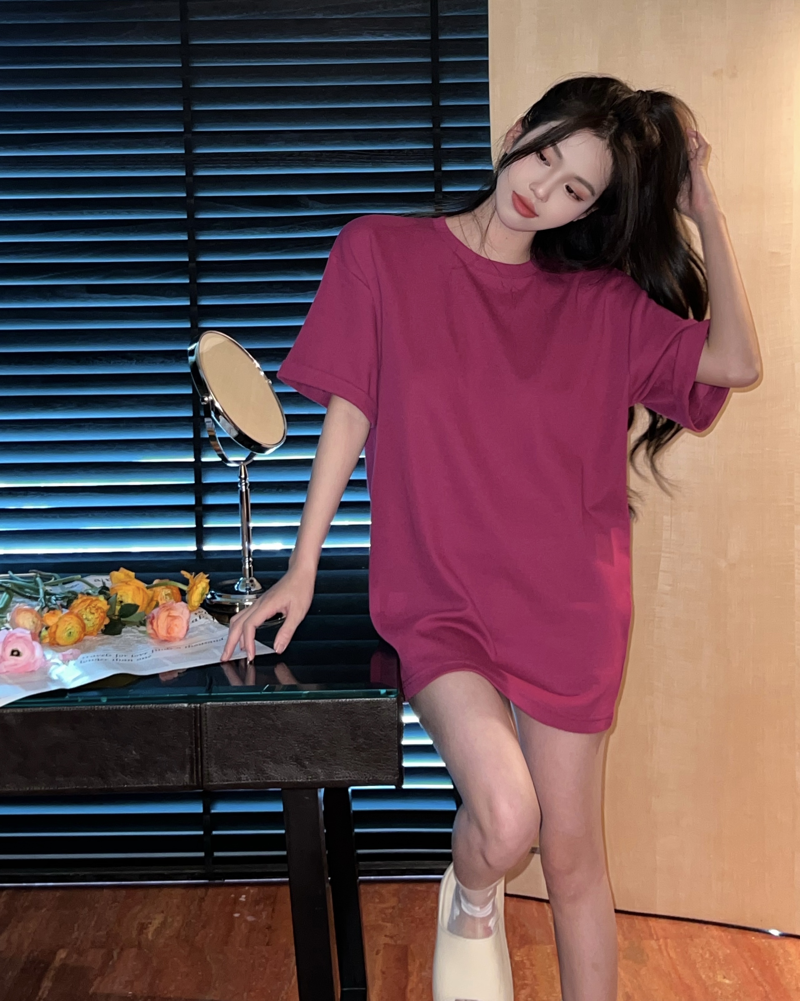 韩版宽松百搭休闲慵懒纯色上衣夏季中长款圆领内搭女装