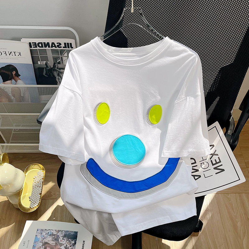 国潮刺绣笑脸白色T恤短袖女夏季宽松ins设计感小众港味半袖上衣服