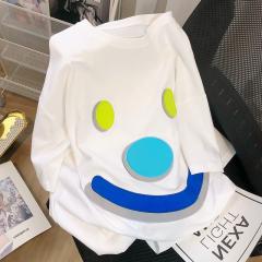 国潮刺绣笑脸白色T恤短袖女夏季宽松ins设计感小众港味半袖上衣服