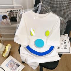 国潮刺绣笑脸白色T恤短袖女夏季宽松ins设计感小众港味半袖上衣服