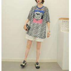 夏季新款镶钻雪纺衫中长款短袖t恤女大码宽松斑马纹上衣ins薄款