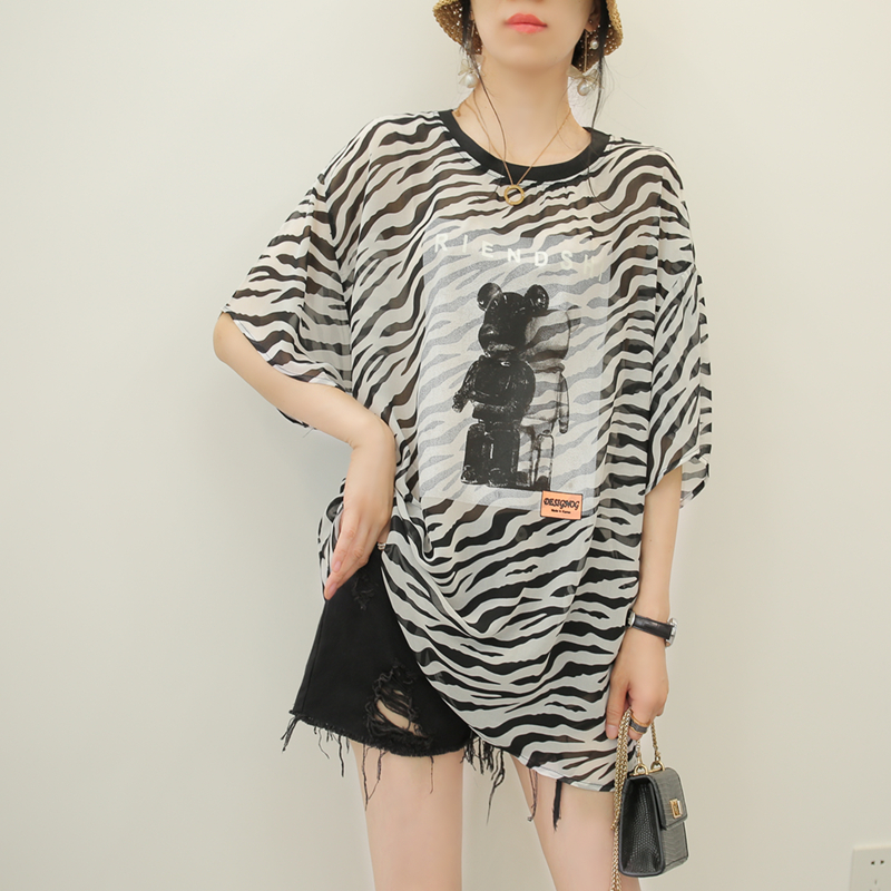 夏季新款韩版雪纺衫中长款短袖t恤女大码宽松斑马纹上衣ins薄款