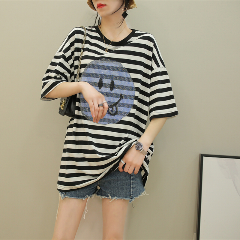 夏季新款宽松显瘦纯棉中长款条纹ins潮休闲大码体恤