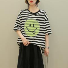 夏季新款宽松显瘦纯棉中长款条纹ins潮休闲大码体恤
