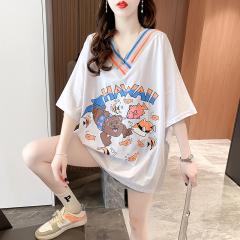 夏季短袖t恤女卡通印花V领上衣中长款大码女装潮