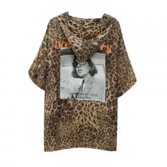 夏季新雪纺衫中长款短袖t恤女大码宽松豹纹上衣ins薄款透连帽防晒