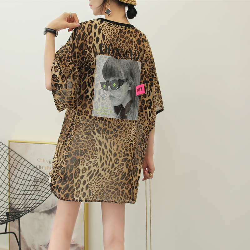 夏季新款韩版雪纺衫中长款短袖t恤女大码宽松斑马纹上衣ins薄款透