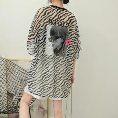 夏季新款韩版雪纺衫中长款短袖t恤女大码宽松斑马纹上衣ins薄款透