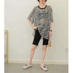 夏季新款韩版雪纺衫中长款短袖t恤女大码宽松斑马纹上衣ins薄款透