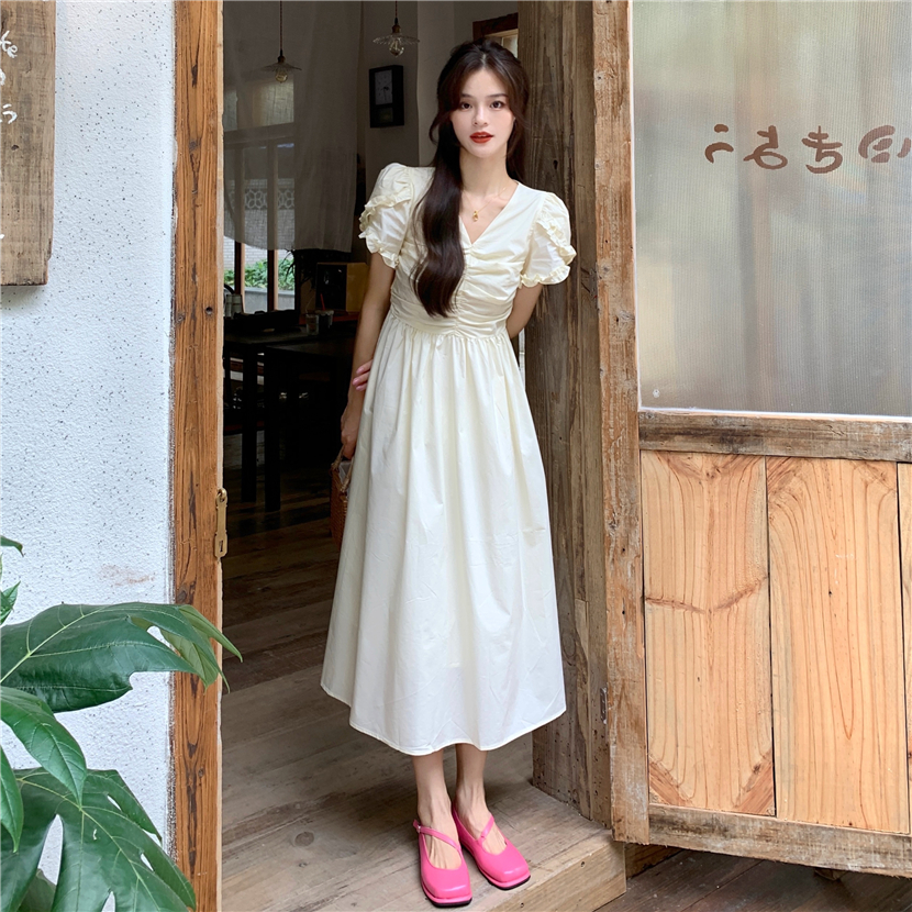 新款褶皱木耳边V领长裙子女装气质收腰短袖小个子连衣裙
