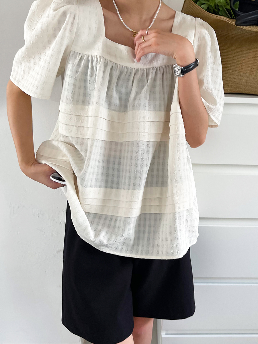 法式雪纺上衣女夏短袖方领宽松设计感小众漂亮洋气减龄高级感小衫