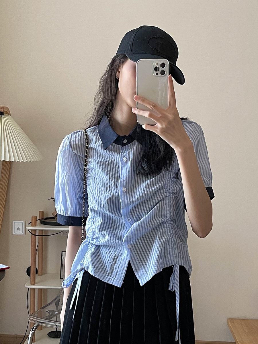 夏新款 学院风气质撞色翻领衬衣