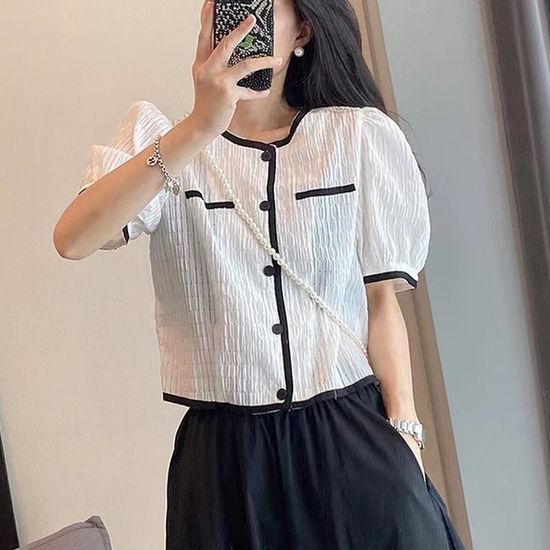 夏季新款设计感小众撞色别致小衫短款上衣