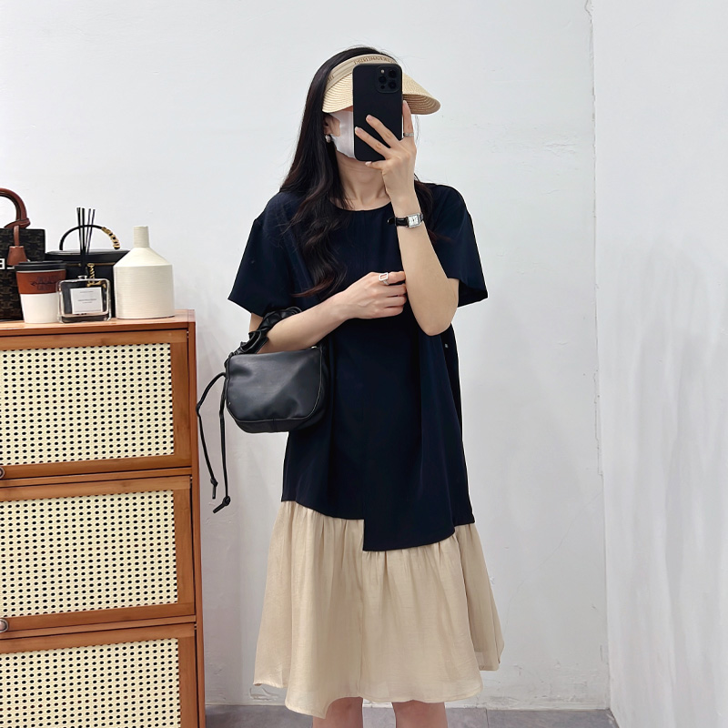 夏季新款韩版宽松下摆拼接米色百褶裙茶歇裙