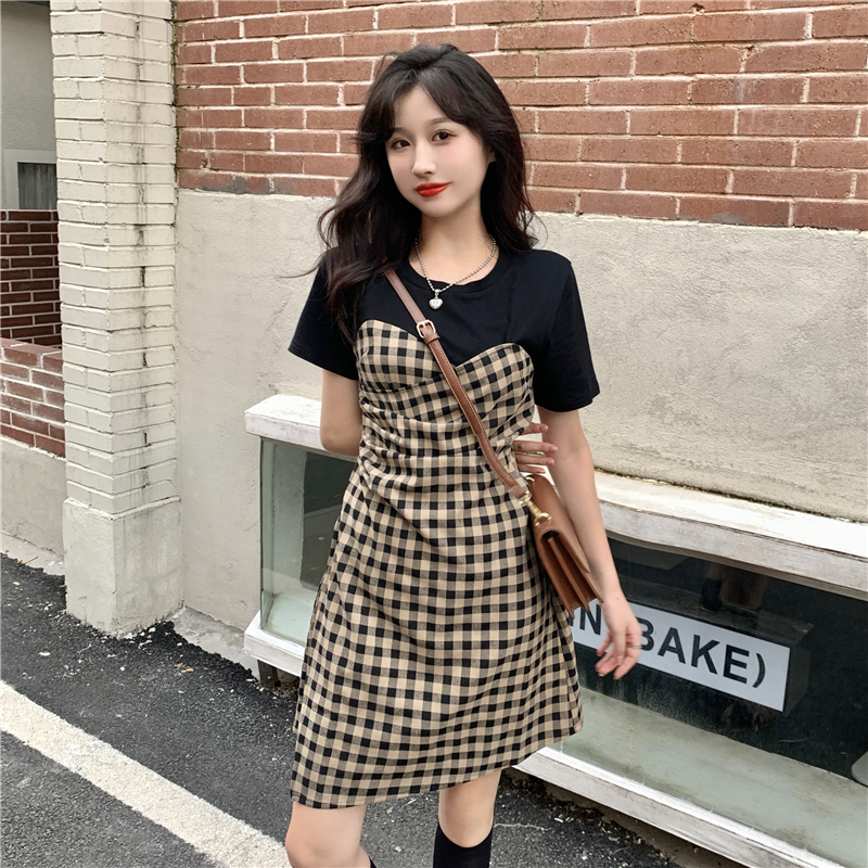 法式假两件格子连衣裙女夏季新款收腰小众设计裙子a字短裙
