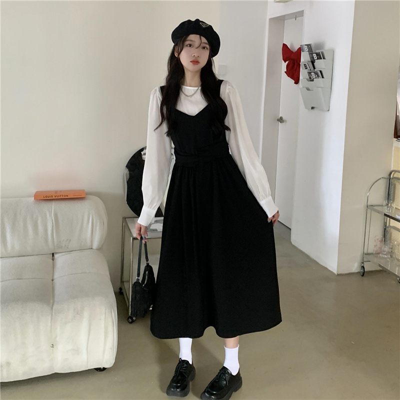 法式背带连衣裙女秋季新款高腰显瘦裙子a字裙中长裙大摆裙