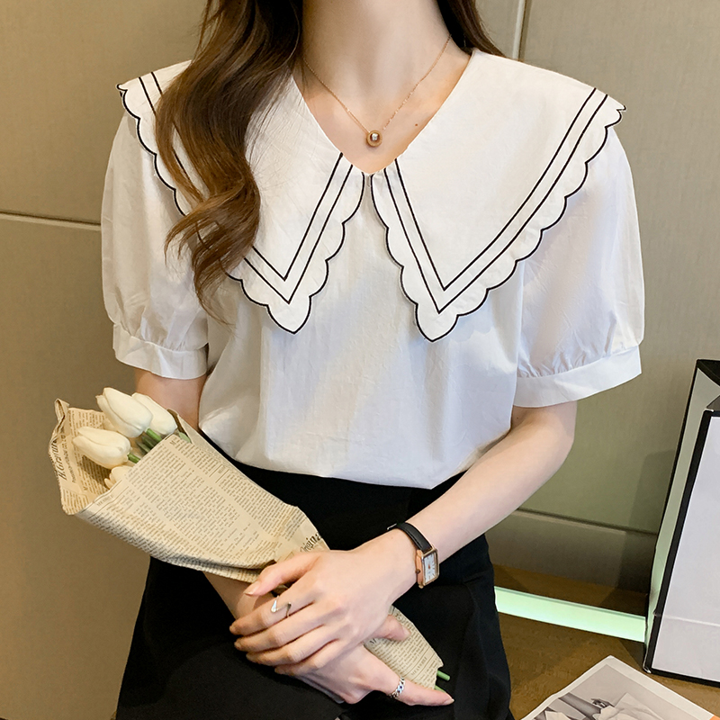 新款设计感娃娃领小众上衣宽松休闲短袖小衫潮