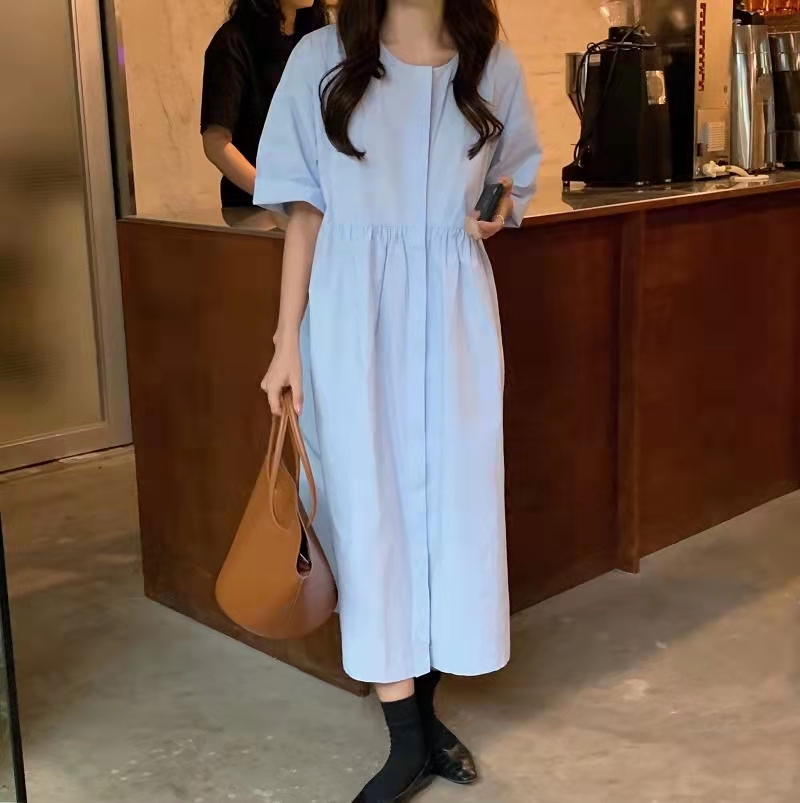 夏新款日系宽松圆领衬衫裙中长款显瘦褶皱收腰气质连衣裙